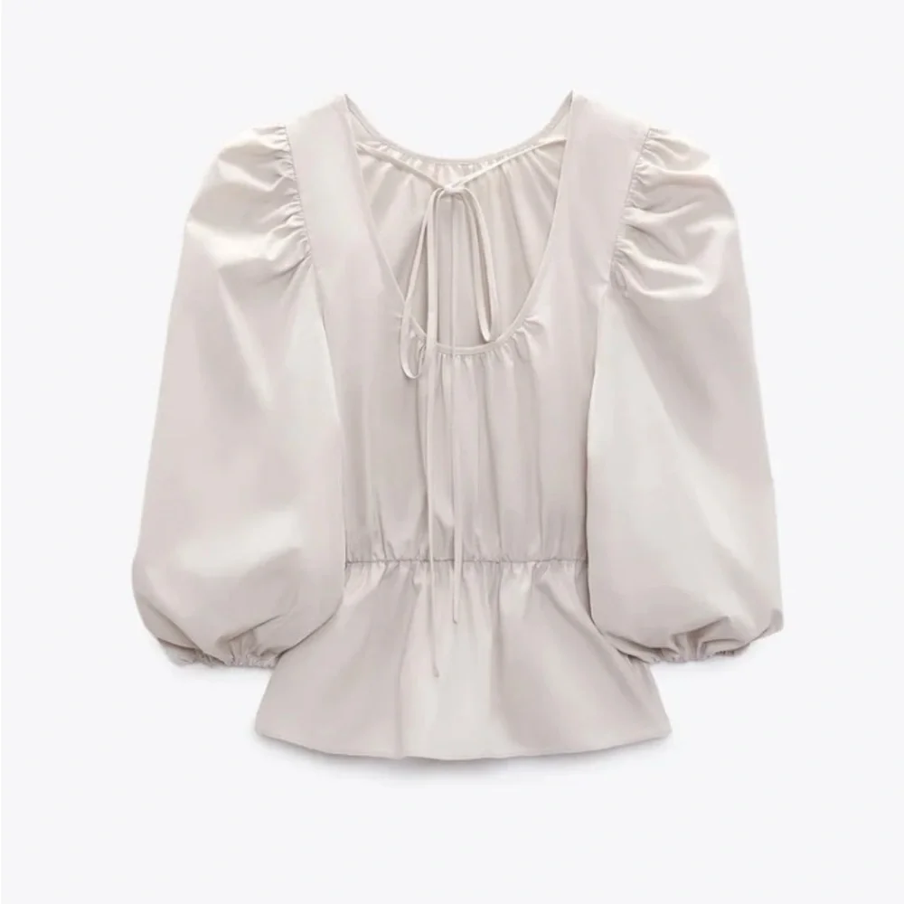 ZARA TOP WITH PUFF SLEEVES Grey / Beige | 3136/545 Size XS